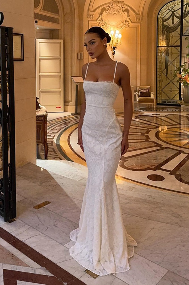 Floral Jacquard Spaghetti Strap Mermaid Formal Gown