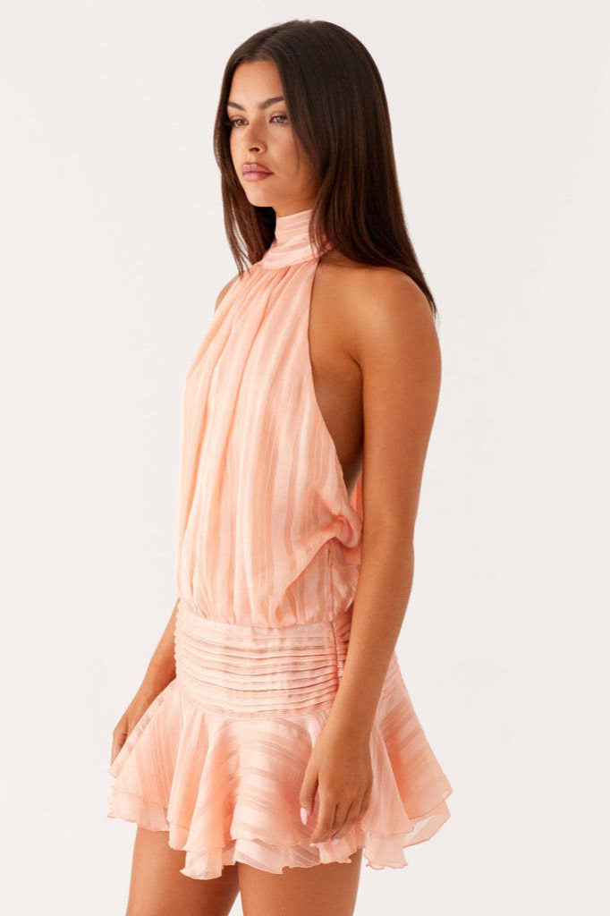 High Neck Halter Smocked Drop Waist Tiered Ruffle Mini Dress