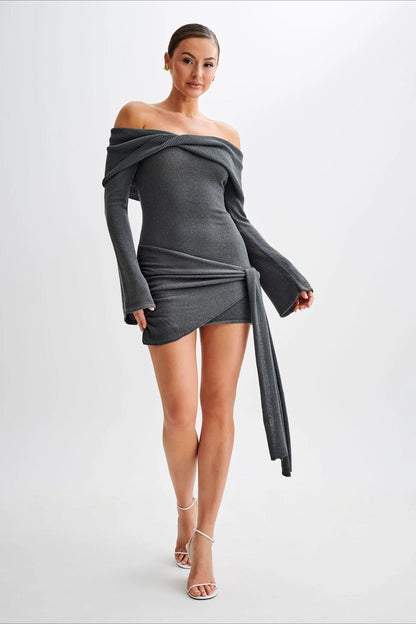 Sheer Spaghetti Strap Off-Shoulder Fitted Knit Maxi Sweater Dress