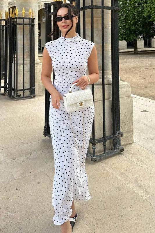 Polka Dot Plissé Texture Mock Neck Sleeveless Bodycon Maxi Dress