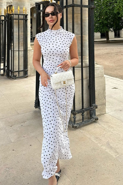 Polka Dot Plissé Texture Mock Neck Sleeveless Bodycon Maxi Dress
