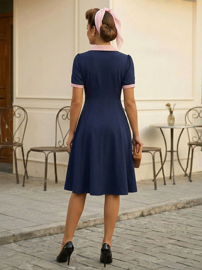 Retro Contrast Lapel Button Up Fit And Flare Midi Dress For Women 2026