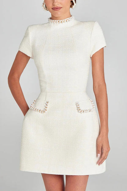 Pearl Trim Mock Neck Tweed Pocket Mini Dress