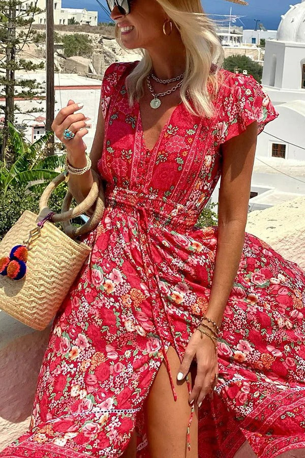 Boho Print V-Neck Ruffle Cap Sleeve Elastic Waist Tiered Maxi Dress