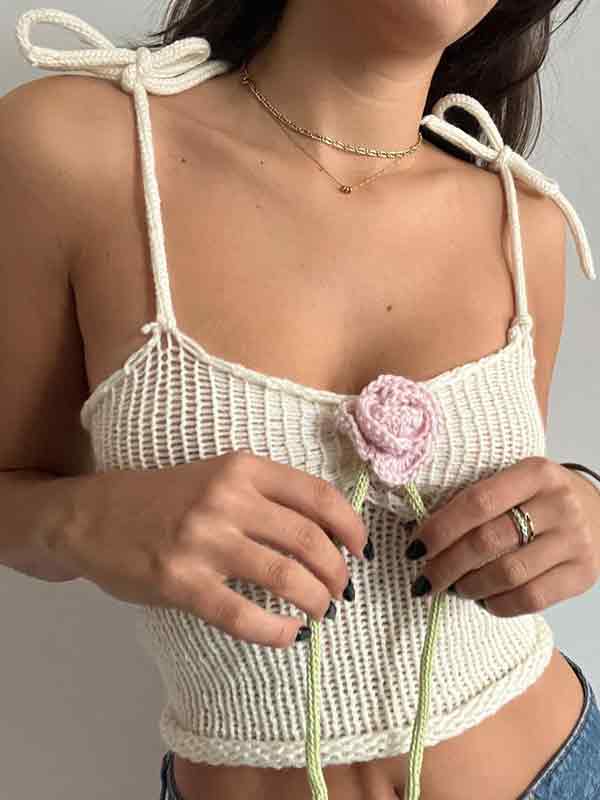 Flower Decor Backless Tie Up Crochet Cami Top