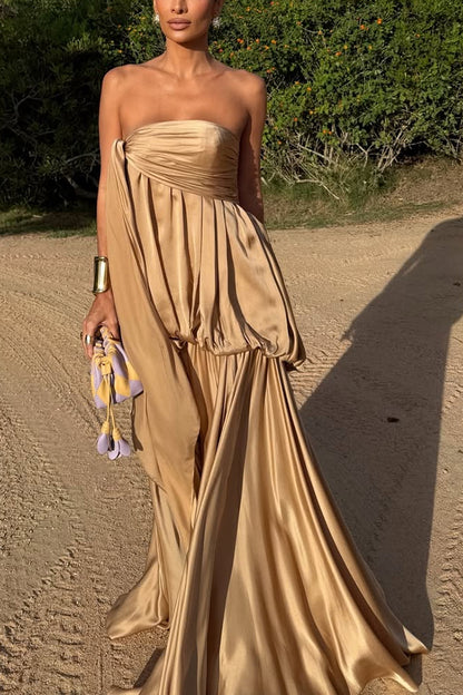 Flowing Fantasy Satin Pleated Bubble Design Strapless Drape Maxi Dress