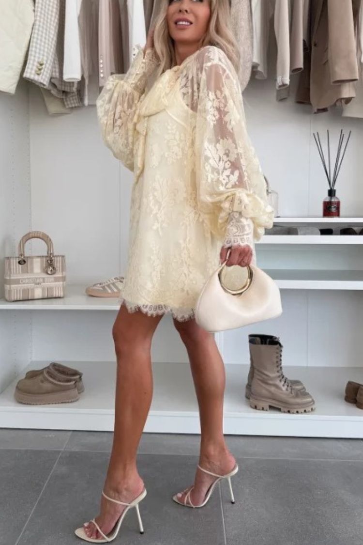Lace Pussy Bow Tie Neck Balloon Sleeve Button Cuff Babydoll Mini Dress