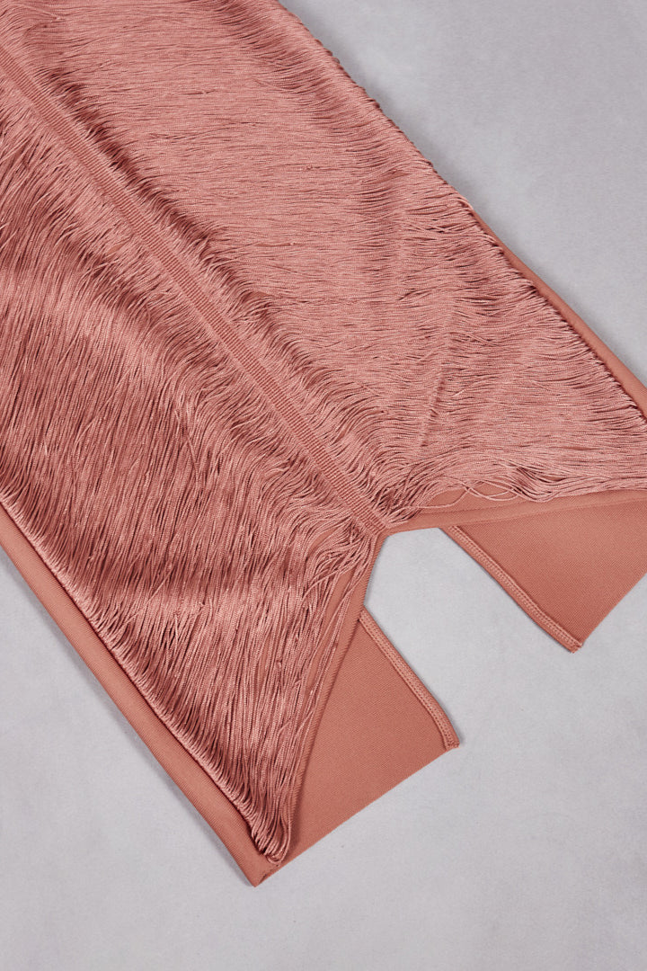 Metallic Fringe Halter Chevron Panel Bodycon Maxi Gown