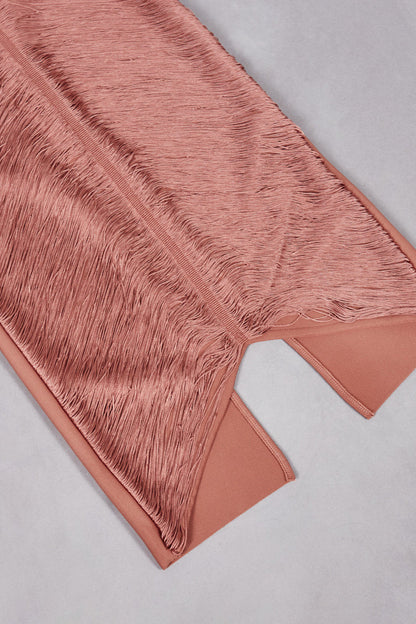 Metallic Fringe Halter Chevron Panel Bodycon Maxi Gown