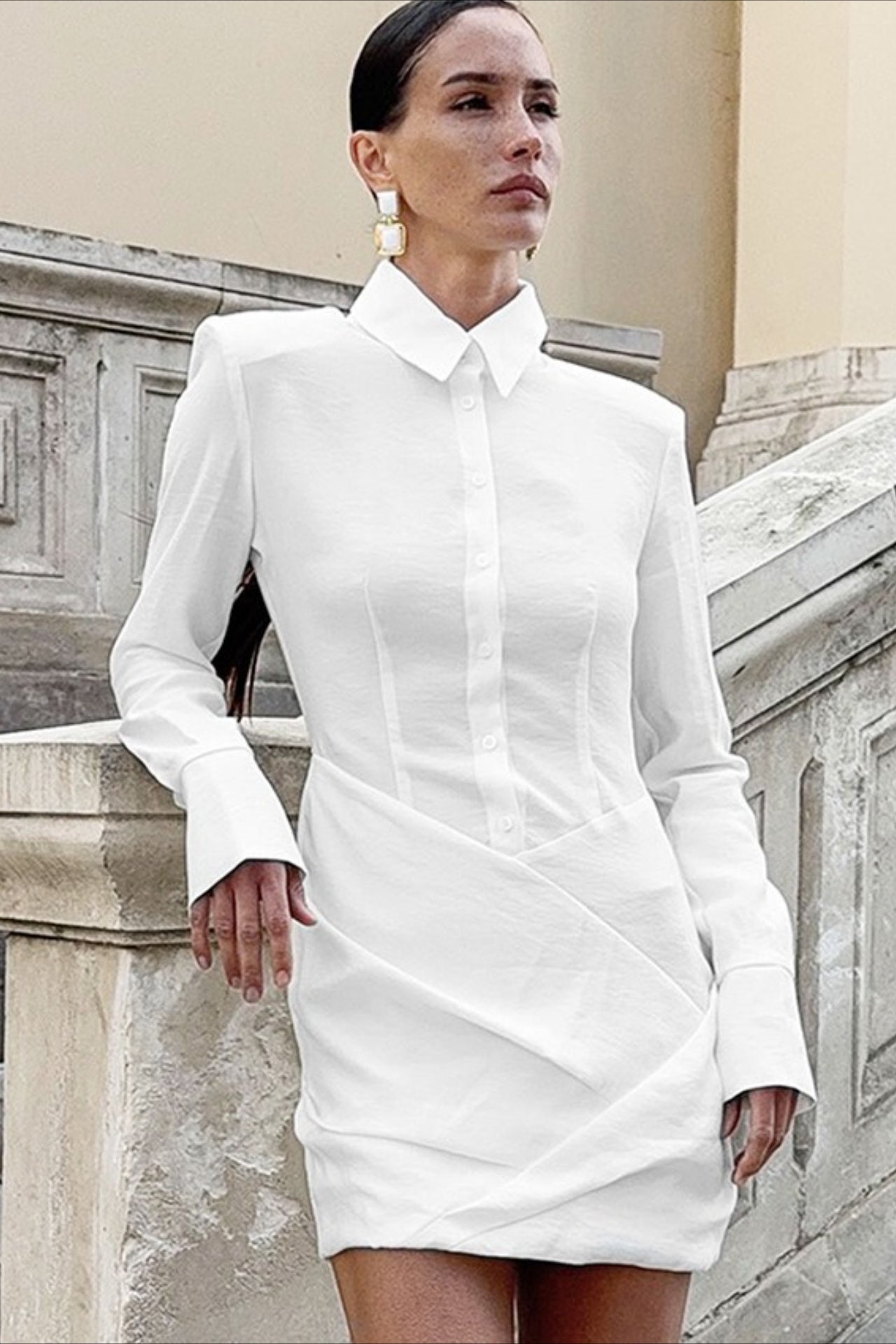 Padded Shoulder Collar Button Front Wrap Asymmetric Shirt Mini Dress