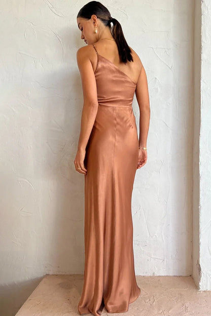 One-Shoulder Ruched Satin Waist Cutout High-Slit Maxi Gown