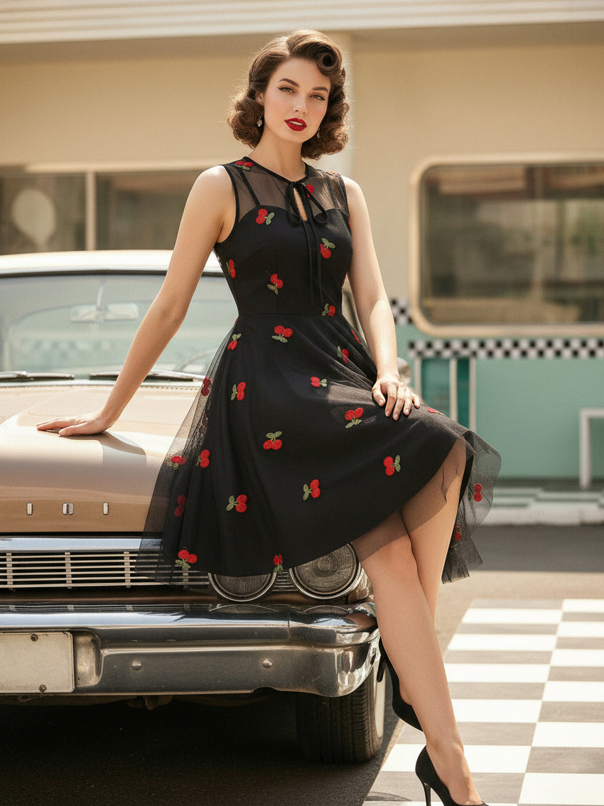 Embroidered Dress Round Neck Sleeveless Lace Up Retro Glamour Dresses