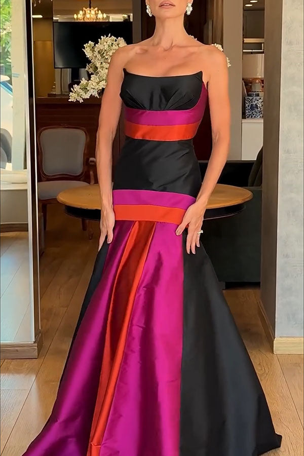 Reina Satin Color-block Strapless Fishtail Flared Hem Porm Maxi Dress