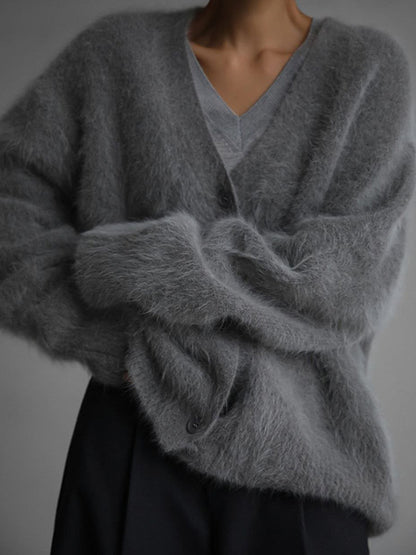 Fuzzy V Neck Loose Cardigan Sweater