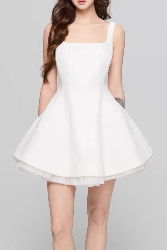 Square Neck Princess Seam Tulle Underlay Fit and Flare Mini Dress