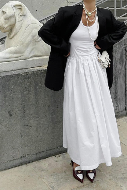 Scoop Neck Sleeveless Fitted Tank Pleated Maxi Skirt Set