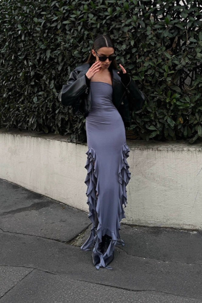 Strapless Ruched Bodycon Asymmetric Ruffle Hem High Split Midi Dress