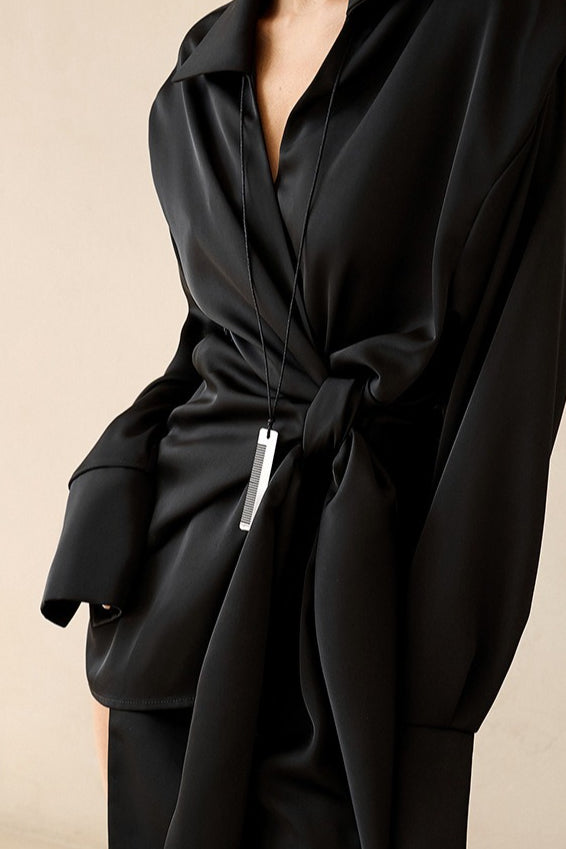 Collared Wrap Tie Waist Padded Shoulder Wide Cuff Satin Mini Dress