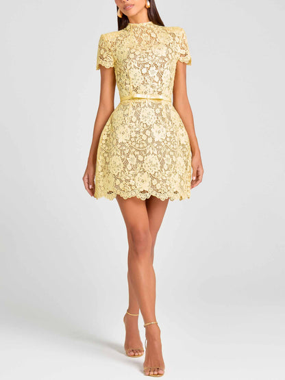 Elegant Short Sleeve Floral Lace Mini Dress