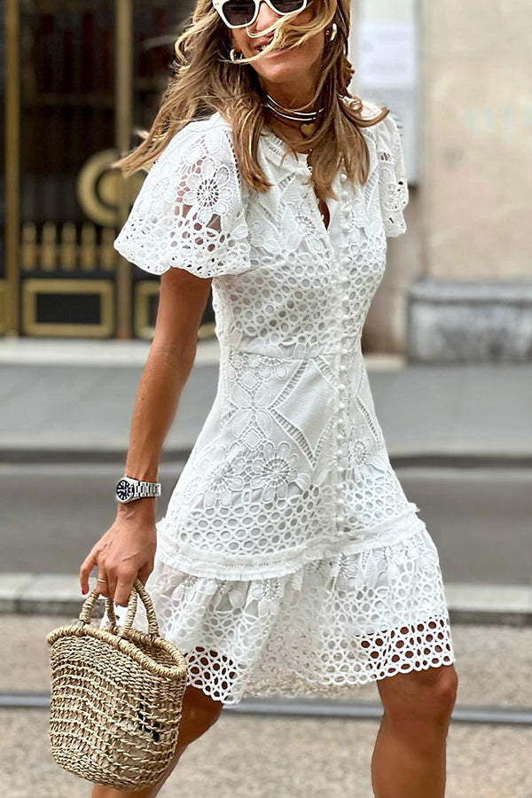 Crochet Lace Collared V-Neck Puff Sleeve Button-Front Tiered Mini Dress