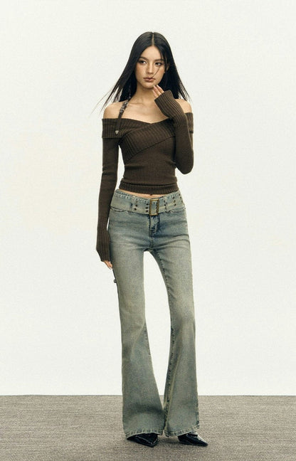 Ribbed Off-Shoulder Brown Knit Top