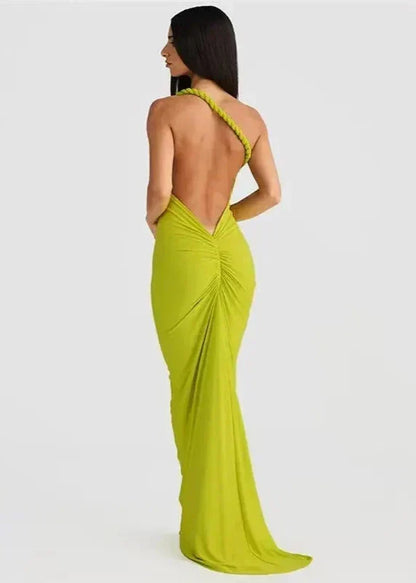 One Shoulder Asymmetric Drape Twisted Strap Bodycon Maxi Dress