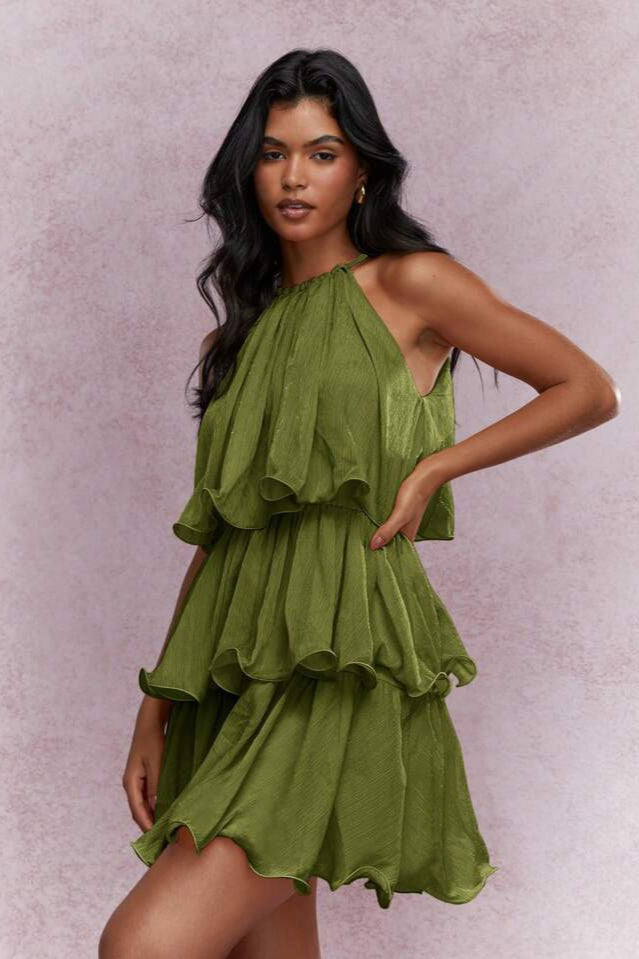 Halter Neck Tiered Ruffle Sleeveless Mini Dress