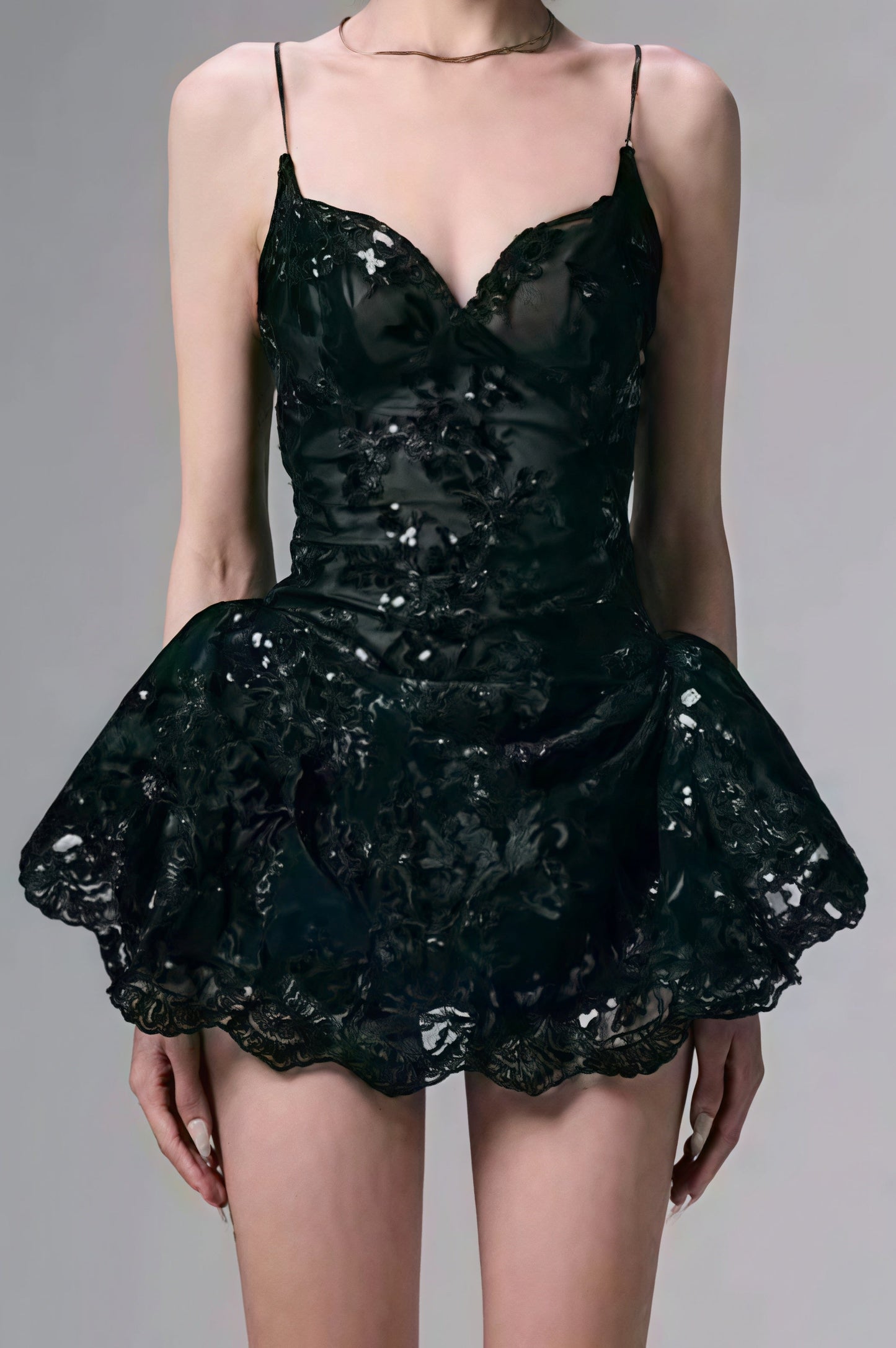 Deep V-Neck Spaghetti Strap Floral Lace Peplum Mini Dress