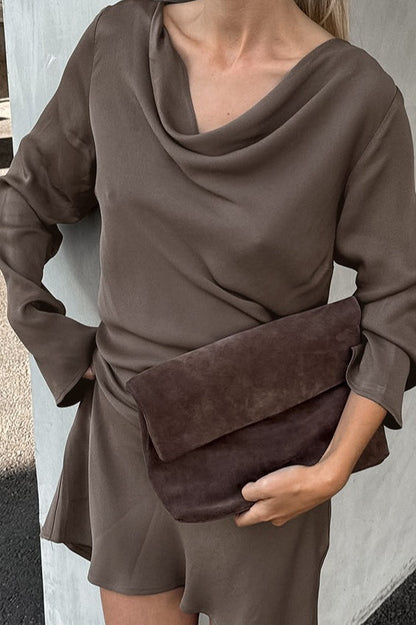 Satin Cowl Neck Bell Sleeve Mini Dress