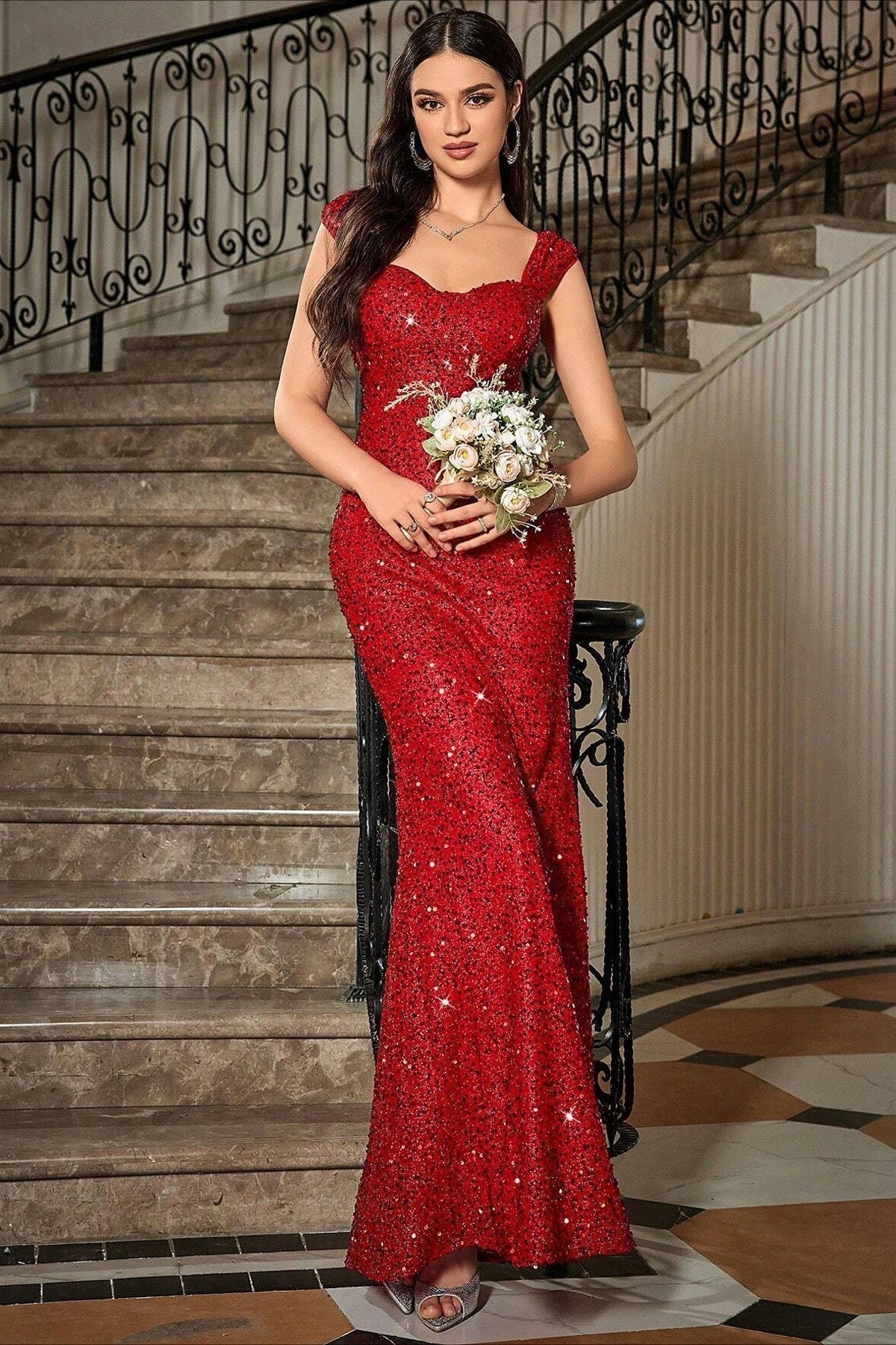 Sequin Embellished Sweetheart Cap Sleeve Mermaid Maxi Gown