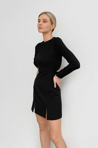 Crew Neck Long Sleeve Open Back Thigh Slit Bodycon Mini Dress