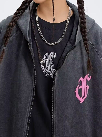 Distressed Contrast Color Embroidered Zip Up Oversized Hoodie