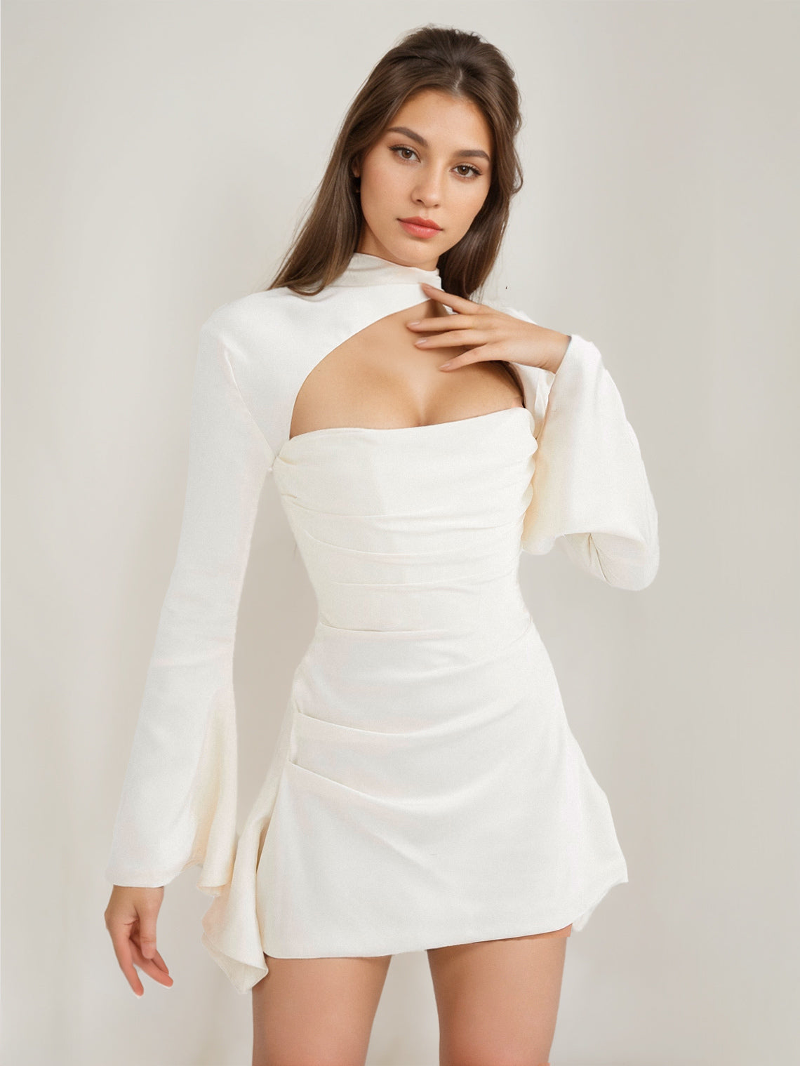 Ruched Mini Dress Cutout Ruffles Sleeves Backless Birthday Party Dresses
