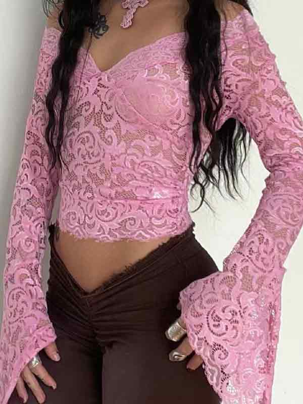 Lace V Neck Slim Flare Design Long Sleeve Shirt