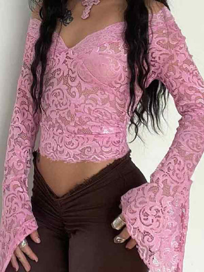 Lace V Neck Slim Flare Design Long Sleeve Shirt