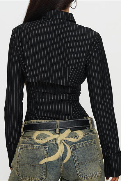 Striped Collared Buttoned Hollow Long Sleeve Blouse