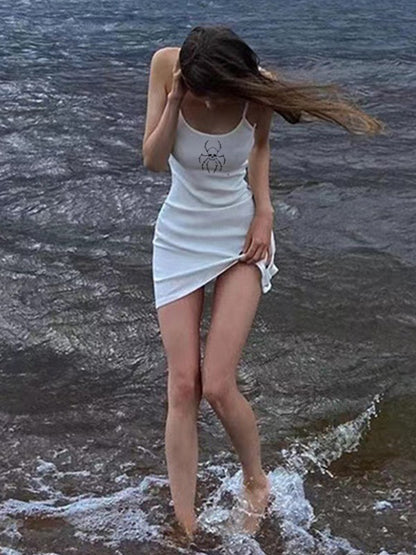Skull Print Casual White Mini Dress