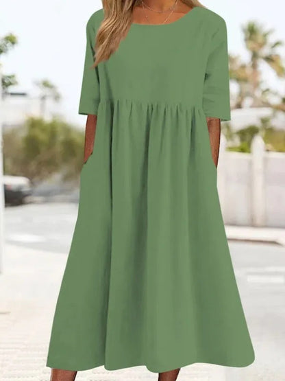 Linen Look Crew Neck Three Quarter Sleeve Pocket Empire Waist Midi Dress