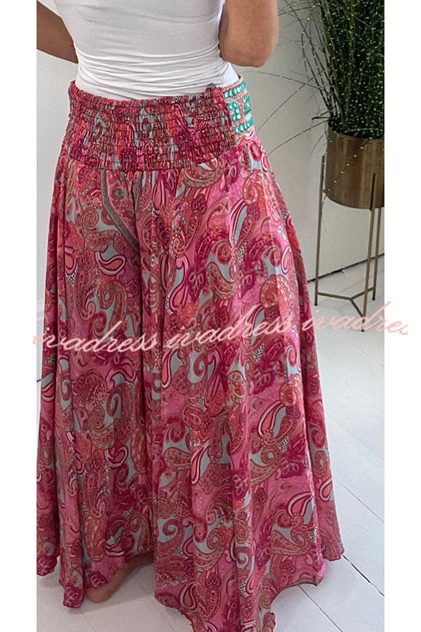 Ethnic Paisley Print Elastic Patchwork Waist Lightweight Pants
