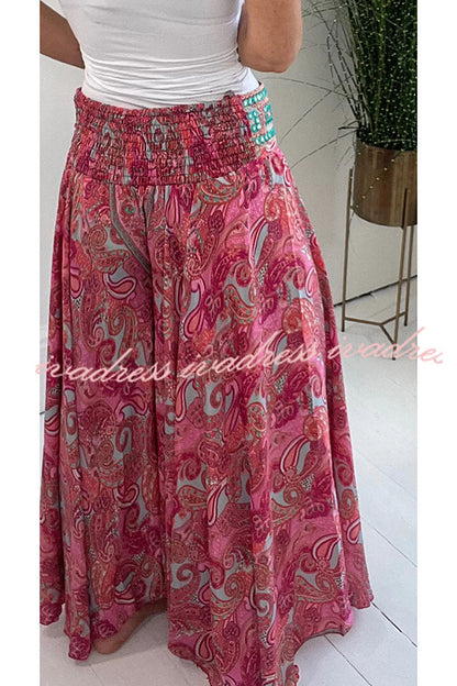 Ethnic Paisley Print Elastic Patchwork Waist Lightweight Pants