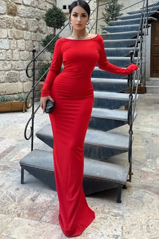 Backless Long Sleeve Ruched Mermaid Formal Gown