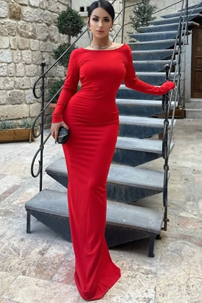 Backless Long Sleeve Ruched Mermaid Formal Gown