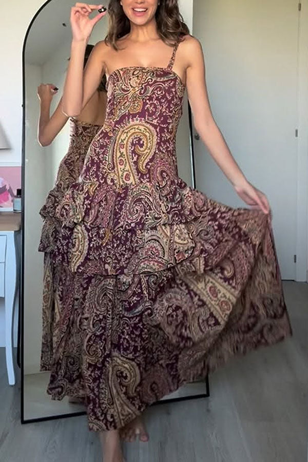 Ailen Paisley Print One Shoulder Tassel Details Ruffle Hem Maxi Dress