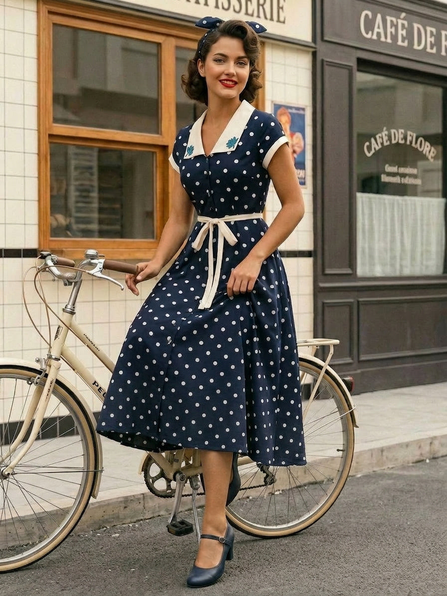 Polka Dot Midi Vintage Dress Belted Hepburn Style Summer Co-ord Set For Women 2026