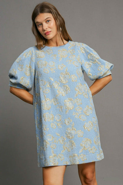 Jacquard Floral Puff Sleeve Crew Neck A-Line Mini Dress