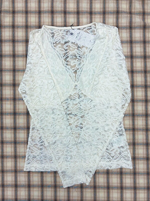 V Neck Long Sleeve Sheer Lace Blouse