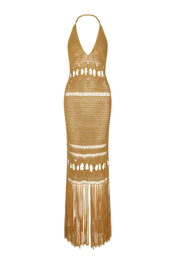 Fashionable Open-knit Backless Elegant Tassel Hem Vacation Cover-up Maxi Dress