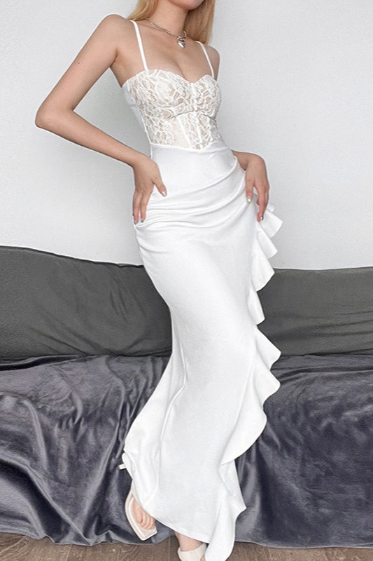 Lace Sweetheart Corset Spaghetti Strap Ruffle Slit Maxi Gown