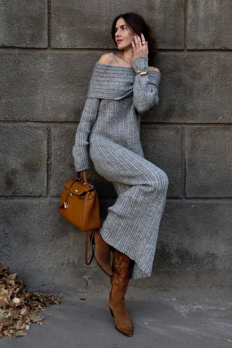 | Solid Off Shoulder Bodycon Knit Maxi Dress