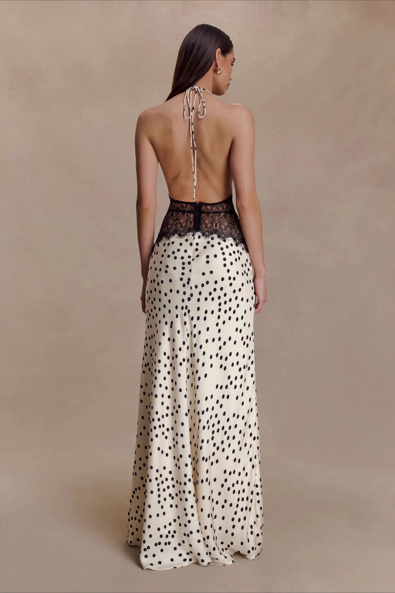 | Polka Dot Lace Patchwork Deep V Backless Maxi Dress